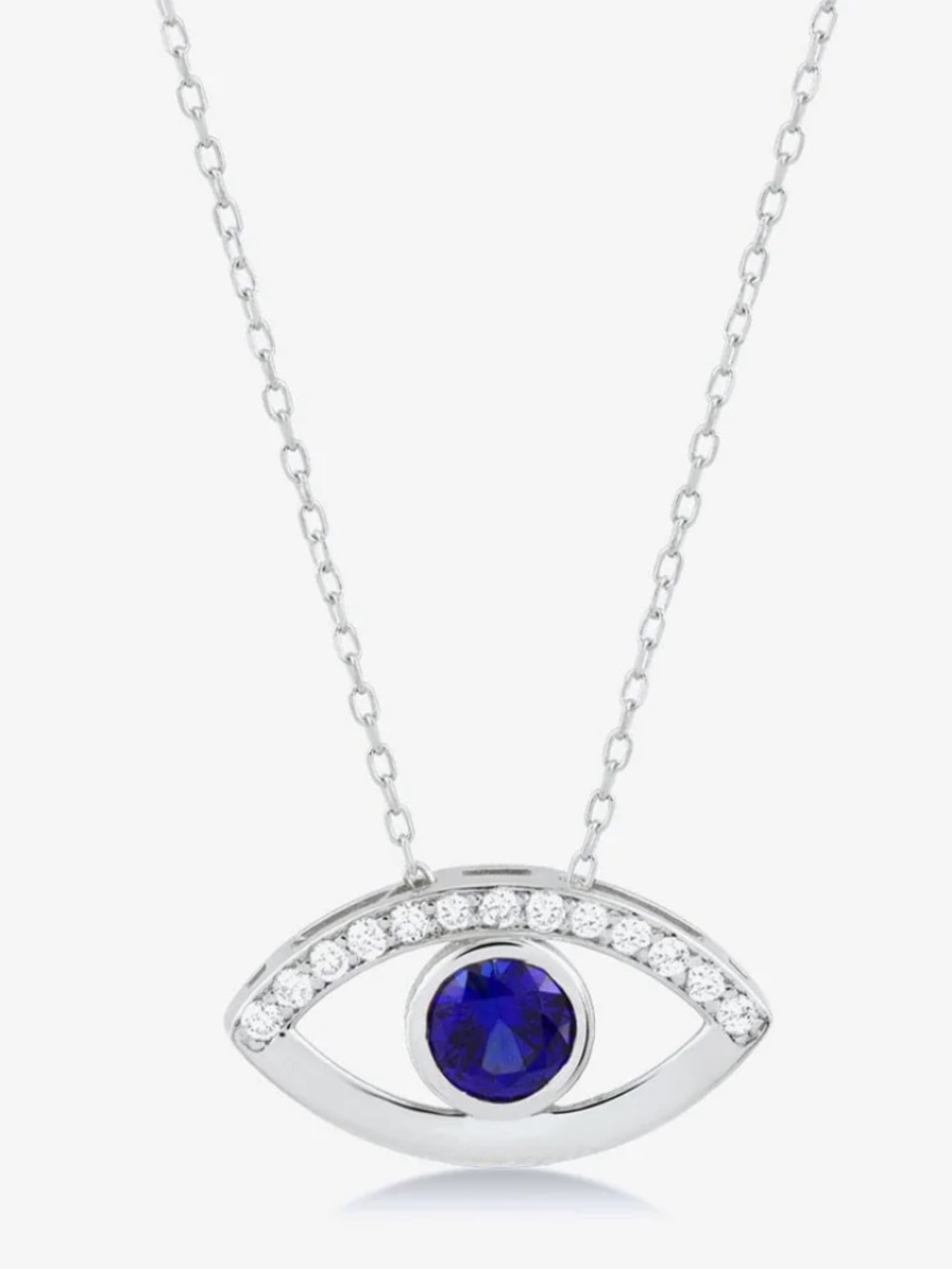 Solid 14K White Gold Genuine Diamond & Sapphire Open Evil Eye Pendant Necklace
